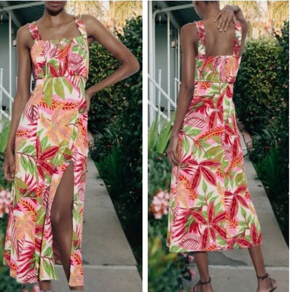 Zara Dresses & Skirts - NWT Zara Tropical Ruffled Straps Smocked Midi Dress Multicolor Women's Size XL